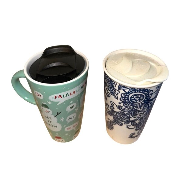 Set Of 2 Holiday Ceramic Travel Mugs With Lids Snowman & Floral Designs 16 Oz - Picture 2 of 7
